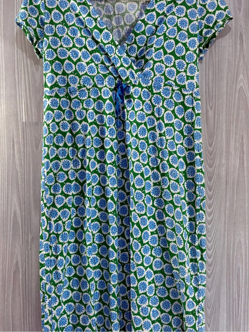 Boden Geometric Floral Green Blue Jersey Cotton Blend Dress Crossover Vneck Sz 8